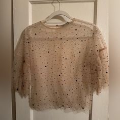 A Never Worn Zara Top. Beautifully Feminine Peach Blouse. Xs Summer Party Mesh Top With Crew Neck, Spring Party Mesh Top With Short Sleeves, Spring Party Blouse With Crew Neck, Chic Pink Crew Neck Blouse, Spring Pink Mesh Top, Beige Short Sleeve Party Top, Pink Mesh Top For Spring, Chic Embellished Mesh Top For Spring, Spring Evening Mesh Top With Sequins