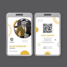 a business id card with a photo on the front and back, in yellow circles