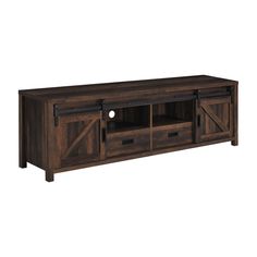 an entertainment center with sliding doors on the front and side panels in dark brown wood