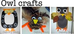 three different pictures of owls and pine cones with the words owl crafts written on them