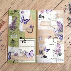 an open book with purple flowers and butterflies on it