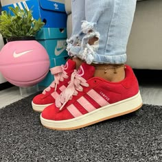 Cute Red Shoes Sneakers, Red And Pink Sneakers, Red Adidas Sneakers, Red And Pink Adidas Campus, Addidas Shoes Campus 00s Pink, Preppy Shoes, Adidas Campus