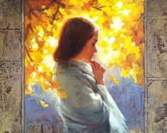 a painting of a woman standing in front of a tree with yellow leaves on it