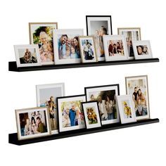 two black shelves with pictures on them and one shelf has multiple frames attached to it