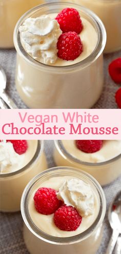 vegan white chocolate mousse with raspberries and whipped cream on top