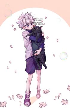 an anime character holding a black cat in his arms