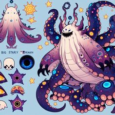 an octopus is surrounded by many different types of stars and other things in the sky