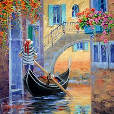 a painting of a man riding a gondola in venice