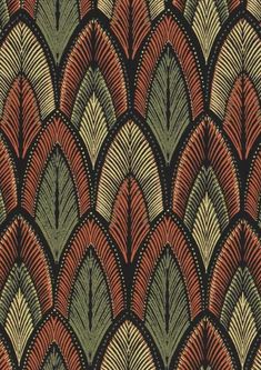 an art deco wallpaper with red, green and brown leaves on black background stock photo