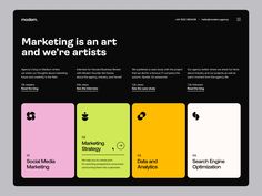 the website design for modern marketing is shown in black and white, with different colors