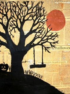 a painting of a tree with two pumpkins on it