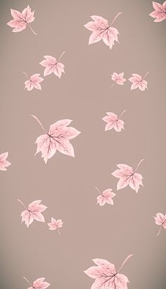 pink leaves are flying in the air on a gray and beige background with black accents