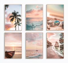 four pictures of the ocean with boats and palm trees on them, all in pastel colors