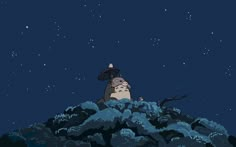 an animated image of a person sitting on top of a mountain under the night sky