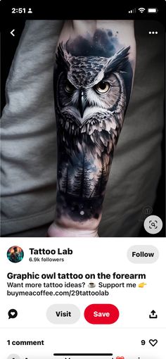 an owl tattoo on someone's arm with the words tattoo lab above it and below