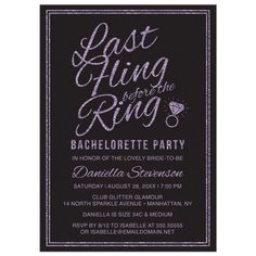 a black and pink wedding card with the words, last fling for the ring bachelor party