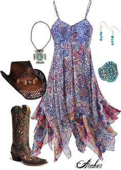 Love the dress Country Summer Dresses, Dress Cowboy Boots, Bohemian Vintage Dress, Cute Country, Country Summer, Country Style Outfits, Bohemian Style Dresses