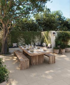 a wooden table sitting under a tree next to a wall covered in plants and potted trees