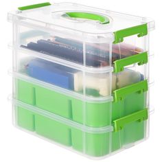 a plastic storage box filled with lots of different items