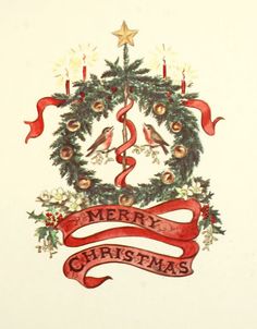 a christmas card with a wreath and two birds