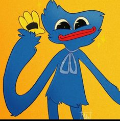 a blue cartoon character holding a flower in his right hand