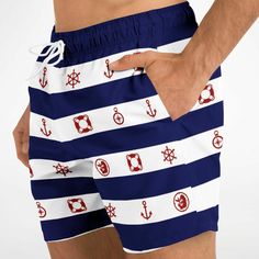 Get ready to soak up the sun in our Maris Equi Men's Nautical Swim Shorts. Designed for comfort and performance, this swimsuit is perfect for all your aquatic adventures. Mix and match with our coordinating shirts, flip flops, and swim briefs to create your own signature beach look. Shop now and make waves with Maris Equi! These swim trunks are handmade after you order them. Please allow 2 weeks for delivery. This suit has a lot of stretch and is very size friendly. If you want a tighter look, s Bermuda Swim Trunks With Built-in Shorts For Beach, Summer Swim Trunks For Vacation Swimming, Sporty Navy Beach Shorts, Sporty Navy Shorts For Beach, Navy Swimwear For Surfing In Summer, Bermuda Swim Trunks For Poolside Beach Season, Blue Bermuda Swimwear For Vacation, Beachy Swim Shorts For Vacation, Beachy Shorts For Swimming On Vacation