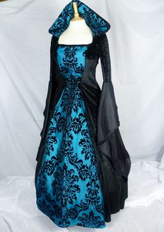 This dress will be made to the measurements you send me. Please send me your bust, waist and hip measurements and the measure from the top of your shoulder to the floor with shoes on.  It will be made with beautiful jet black velvet. The sleeves are part velvet and taffeta. It has a corset style front and back will lacing so you can adjust the dress to fit your body shape. Combined shipping on multiple items. If you purchase express shipping by courier please send me your phone number thank you. Dark Turquoise Dress, Hooded Gown, Medieval Wedding Dress, Gothic Gowns, Fantasy Au, Medieval Wedding, Turquoise Dress, Medieval Dress, Dark Turquoise