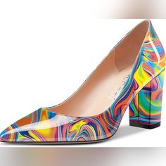 Slip-On Patent Leather Upper. Pointed Toe. Slightly Padded Sole Rubber Outer Sole Chucky Heel Heel 3" New Multicolor Medium Width Heels For Spring, Spring Multicolor Medium Width Heels, Rainbow Pointed Toe Heels, Orange Almond Toe Heels For Summer, Colorful Vibrant Heels With Round Toe, Colorful Vibrant Round Toe Heels, Vibrant Colorful Round Toe Heels, Colorful Trendy Pointed Toe Heels, Block Heel Pumps