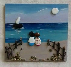 a painting of two people sitting on a beach with the ocean in the back ground