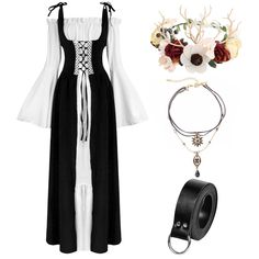 PRICES MAY VARY. 【Renaissance Dress Accessories Set】: This set includes 5 gorgeous accessories perfect for renaissance dresses. It features 2 wide ruffled dresses, a stunning flower crown, a stylish layered necklace, and a high-quality leather belt. With this complete medieval women's costume and accessories set, you'll have everything you need to create a truly authentic and stunning look. 【High Quality Fabric】: Our Renaissance ruffle dresses are made of soft, breathable polyester and spandex. Bohemian Style Medieval Dress For Costume Party, Bohemian Medieval Dress For Festival, Elegant Medieval Dress For Halloween, Bohemian Medieval Dress For Cosplay, Medieval Costume Women, Dresses Medieval, Ruffled Dresses, Medieval Necklace, Elf Ear