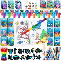 children's art supplies including markers, pencils and coloring books are displayed on a white background