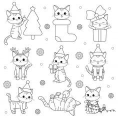 christmas coloring pages for kids with cats and presents on the snowflakes, black and white