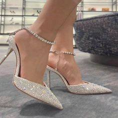 New Exquisite Rhinestone Women's Sexy Pointed High-Heeled Stiletto Shallow Mouth Bridal Shoes - Frimunt Clothing Co. Sparkly Wedding Heels, Rhinestones Heels, Princess Heels, Bride Heels, Rhinestone Wedding Shoes, White Bridal Shoes, Diamond Heels, Heels Aesthetic, Wedding Shoes Bride