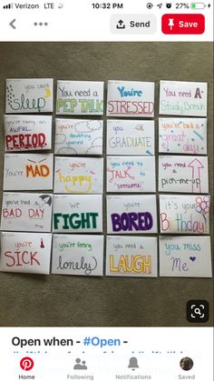 a bunch of cards that have been placed on top of each other with words written in them