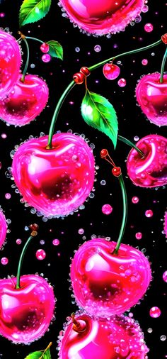 a painting of cherries with green leaves and bubbles on a black background that is very colorful