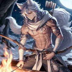 an anime character with white hair holding two swords in front of a fire pit and looking at the camera