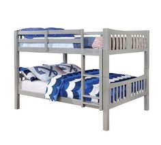 a gray bunk bed with blue and white blankets on it's bottom tiers