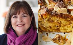 a woman is smiling next to a cake with almonds on it and an image of the pie