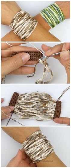 four pictures showing how to make bracelets with yarn