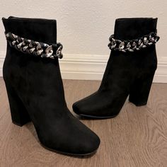 Chunky 3.5” Heel Faux Suede Pu Ankle Booties Back Zipper For Closure With Chain Decorative Chain Boots For Party In Fall, Chain Boots For Fall Party, Party Boots With Chain Strap For Fall, Fall Party Boots With Chain Strap, Trendy Chain Boots For Party, Trendy Party Boots With Chain Detail, Black Boots With Chain Strap For Fall, Party Boots With Chain Detail, Chic Black Boots With Chain Detail