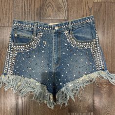 Size 8 Denim Shorts - Studded Zadig And Voltaire, Blue And Silver, Women's Shorts, Denim Shorts, High Waist, Color Blue, High Waisted, Womens Shorts, Silver