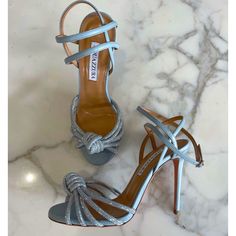 Aquazzura Celeste 105 Crystal Embellished Heeled Sandals Sz 38 Aquazzura Shoes Fit True Size- Us Size 8 New In Original Box +Dust Bag Retail $1450 Color - Pastel Blue Sold Online Aquazzura Wedding Shoes, Aquazurra Heels, Shoes For Women Heels, Silver Sandals Heels, Heel Shoes For Women, Cross Strap Sandals, Aquazzura Heels, Aquazzura Shoes, Fashion Shoes Heels