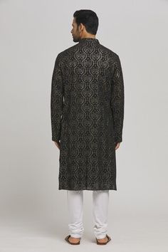 Black cotton kurta with sequins and thread embroidery. Comes with churidar. - Aza Fashions Men Kurta, Cotton Kurta, Thread Embroidery, Churidar, Black Sequins, Mandarin Collar, Aza Fashion, Black Cotton, Sequin