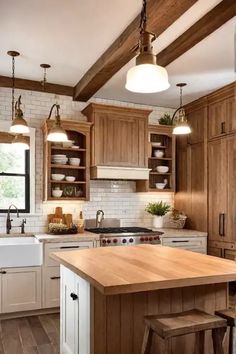 a large kitchen with wooden cabinets and white counter tops, along with an island in the middle