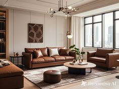 a living room with leather furniture and large windows in the backround, along with a rug on the floor