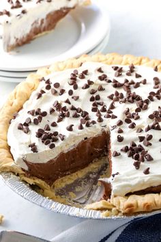 there is a pie with chocolate chips on it