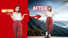 a woman in red pants and white top with the words before and after her photo