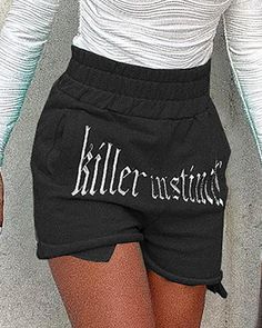 Letter Embroidery Shirred High Waist Casual Shorts Embroidered Black Bottoms For Streetwear, Black Embroidered Bottoms For Streetwear, Black Letter Print Shorts For Spring, Casual Black Embroidered Bottoms, Black Embroidered Cotton Bottoms, High Waist Summer Bottoms With Letter Print, High Waist Bottoms With Letter Print For Summer, High-waist Bottoms With Letter Print For Summer, Casual Stretch Embroidered Bottoms