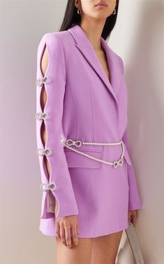 Holly Purple Oversized Blazer with Rhinestone Bowtie and Pearl Chain - ALLARA Korean Mini Dress, Womens Dress Suits, Elegante Casual, Mini Dresses For Women, Dyed Dress, Looks Chic, Stretch Dress, Cutout Dress, Dress Suits