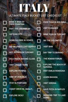 a travel checklist with the words italy in white and green on it, along with an image of a gondola